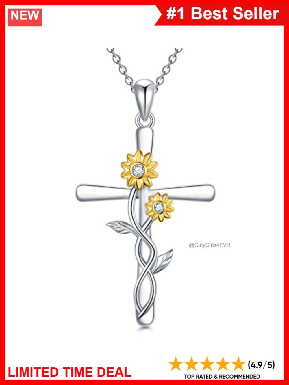 S925 Sterling Silver Sunflower Cross Pendant Necklace